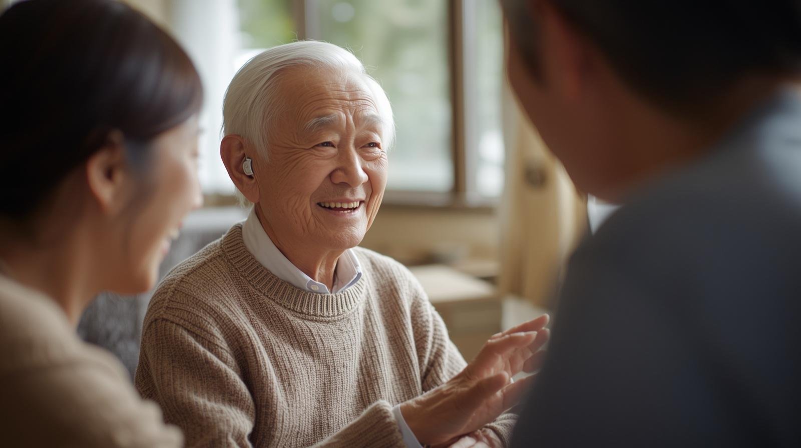 補聴器で家族と会話する様子